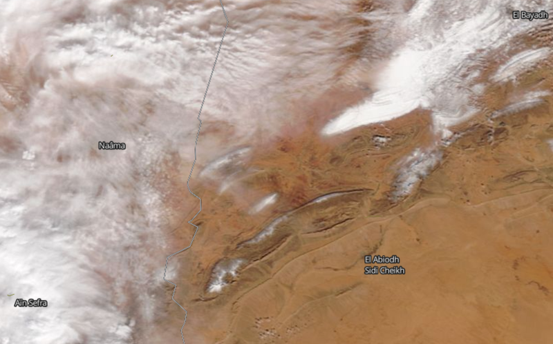A satellite image captured on Jan. 7 shows snow visible on the ridgelines to the east of Ain Sefra. Image: NASA Worldview